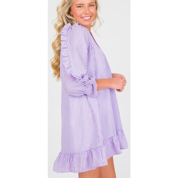 Karlie Seersucker Ruffle shift girlie long sleeve mini Dress purple Lilac S - Picture 11 of 11